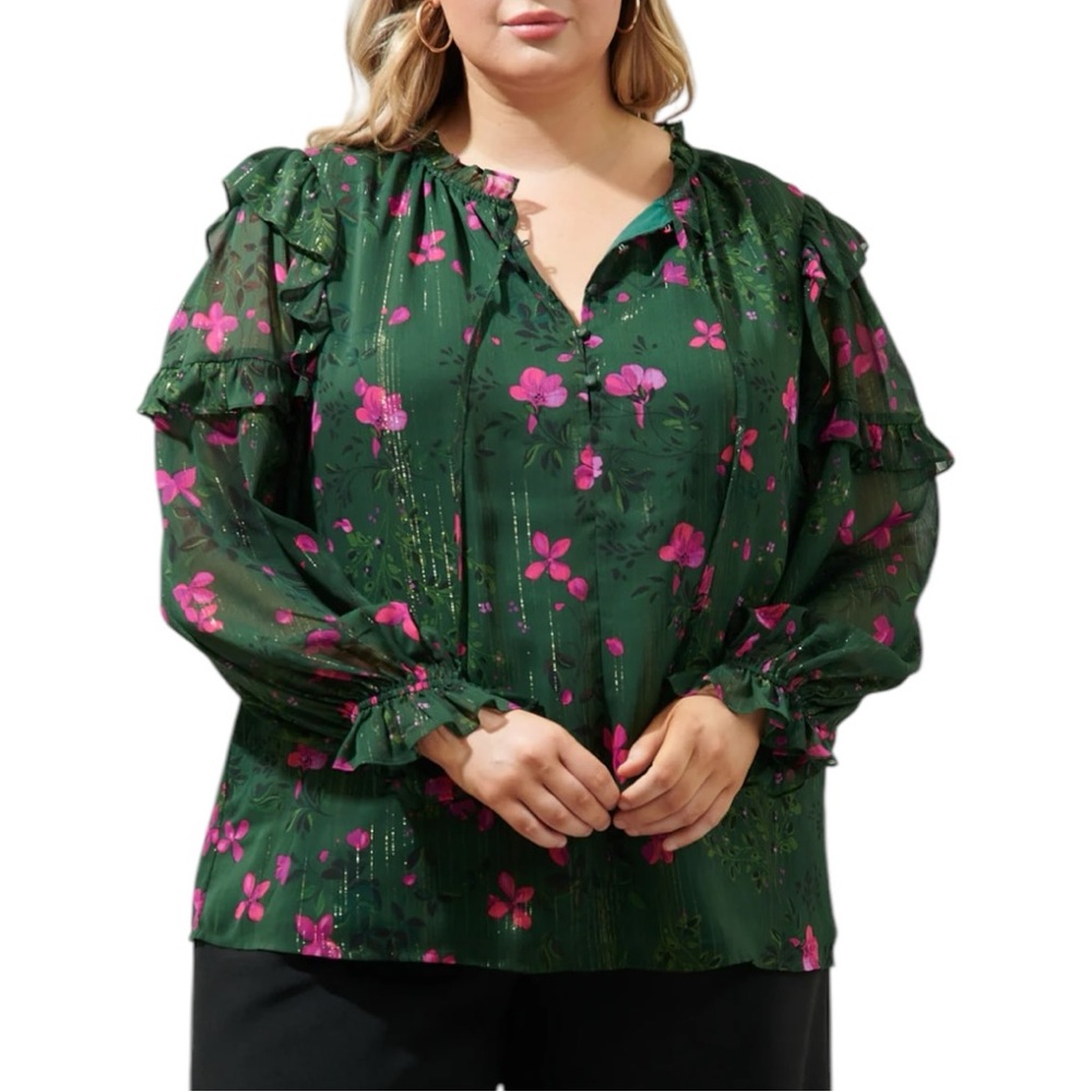 Sugarlips Juniper Floral Marquette Henley Blouse size 2X Long Sleeves Green NWT